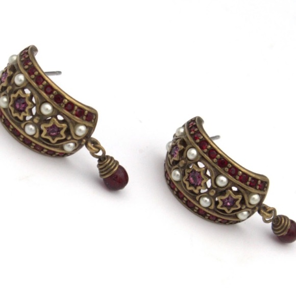 Designer Phillip Bloch Victorian Revival Red Garnet Post Hoop Earrings W Pearls - Picture 7 of 14
